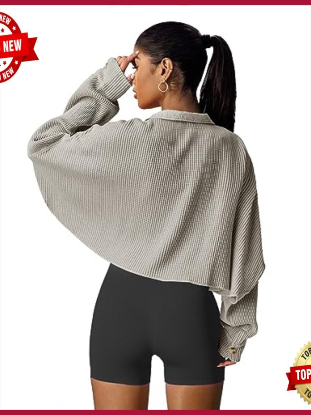 Cropped Waffle Knit Shacket Batwing Sleeve Button Down Jacket with Pocket - Picture 5 of 6